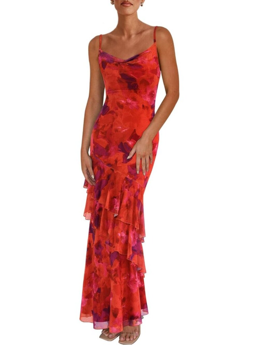 Women's Floral Red Maxi Dresses Summer Tiered Beach Sundress Spaghetti Strap